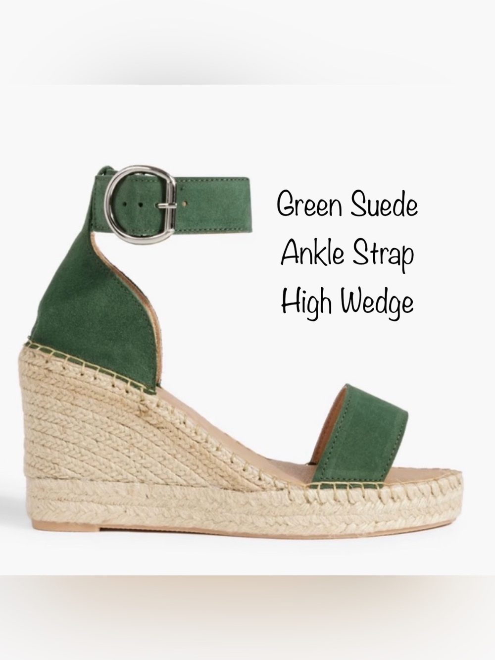 Iris & Ink Green Suede Ankle Strap High Wedge Sandal